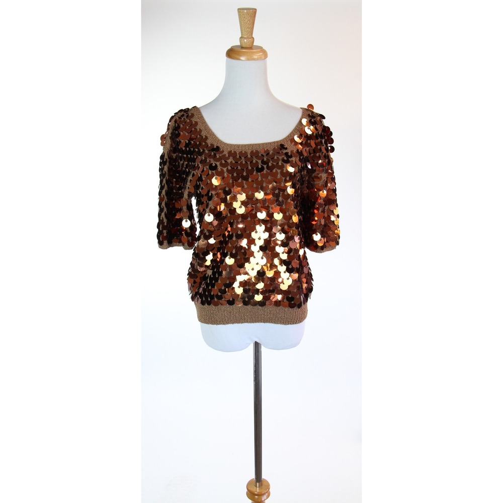 Vintage 1960s Sequin Paillette Sweater Top Copper Metallic Knit Blouse 60s Glam